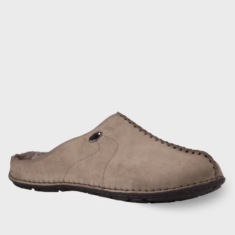 EDEL-G Erkek Kürklü Deri Terlik Gri Nubuk - Forelli (1)